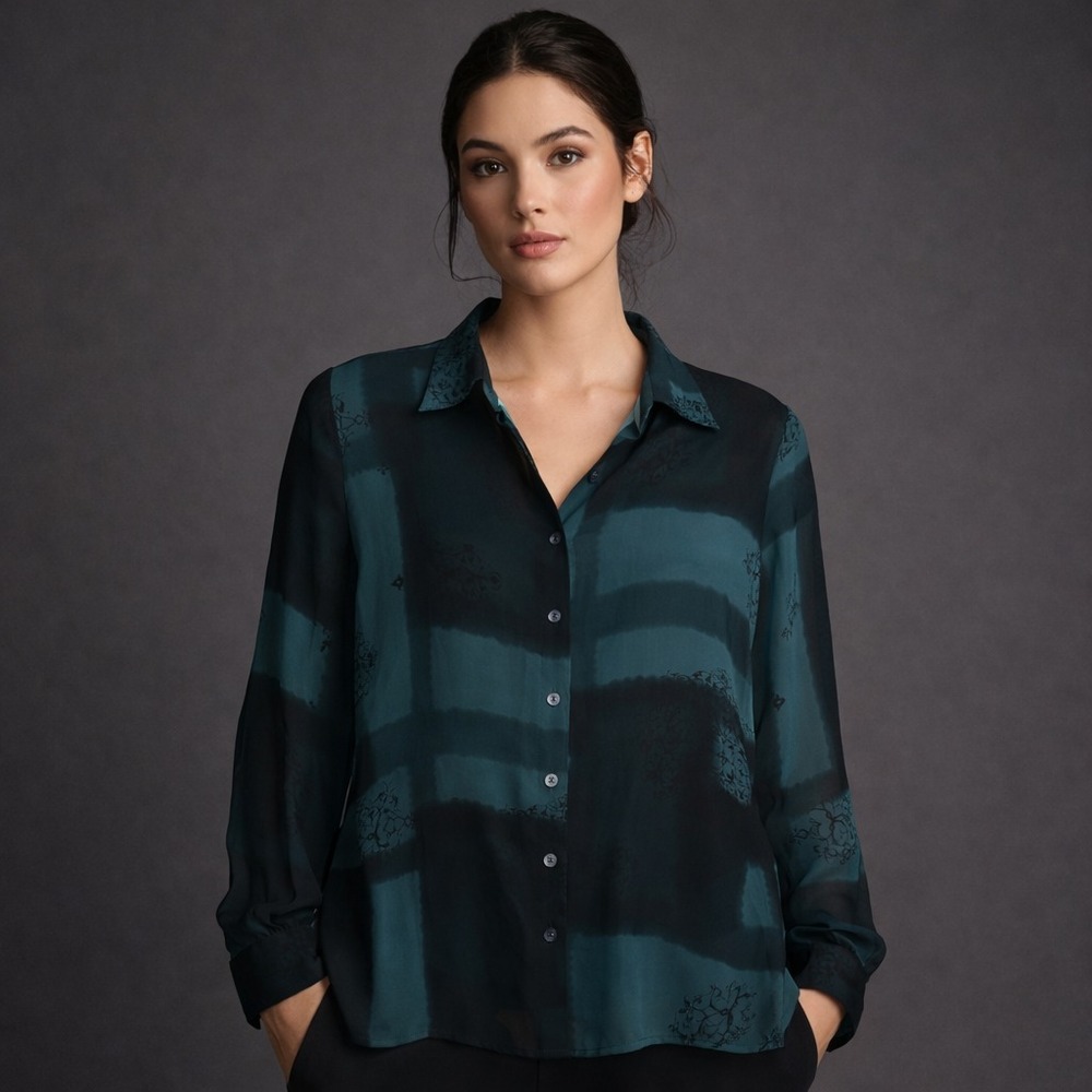 Y2K Blouse Sz M Sheer Green Print Button Down Silk Shirt Whimsigoth Fairy Grunge